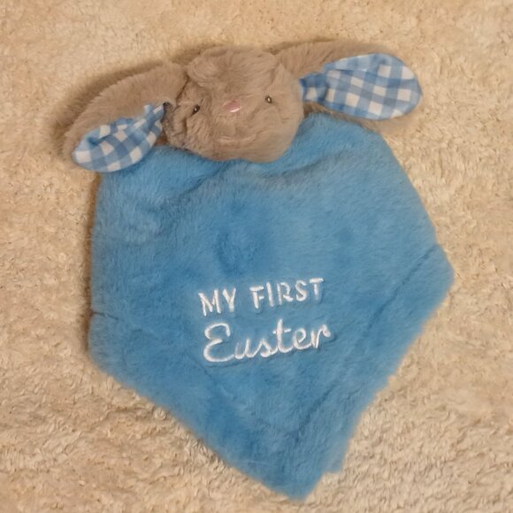 NWOT~ Tan Bunny Rabbit with Blue Embroidered 1st Easter Baby Security Blanket - Picture 1 of 10